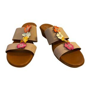 Women's Beige Slide Sandals with Multicolor Flower Accents
